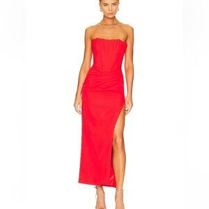 Bardot Saira Midi Dress Orange Vibrant Red Strapless Dress bustier Revolve XS
